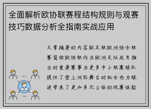 全面解析欧协联赛程结构规则与观赛技巧数据分析全指南实战应用